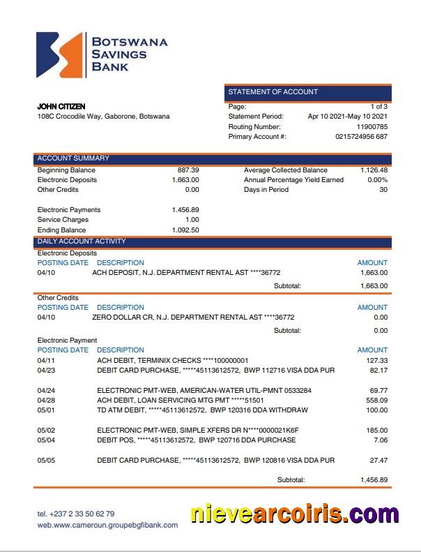 Botswana Savings Bank statement, Word and PDF format